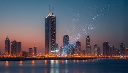 أفق مدينة الكويت مع عناصر تكنولوجية حديثة